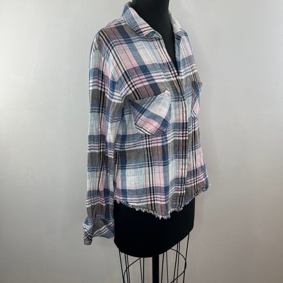 BELLA BAHL Blue/Pink Plaid Linen-Cotton Flannel Button-Up Shirt Top Cowgirl S - Picture 3 of 9